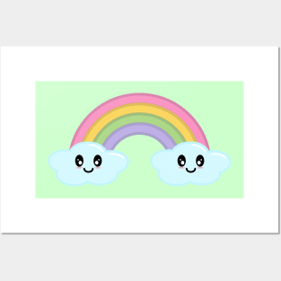 Kawaii Cute Happy Rainbow and Clouds in Green Posters and Art